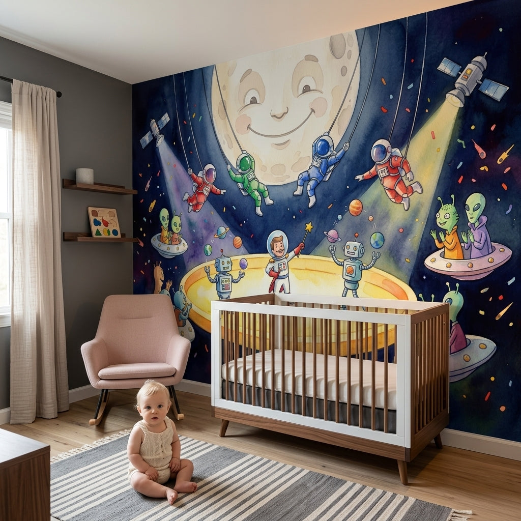 Dark Space Wallpaper Watercolor Illustration Removable Smiling Moon Wall Decor