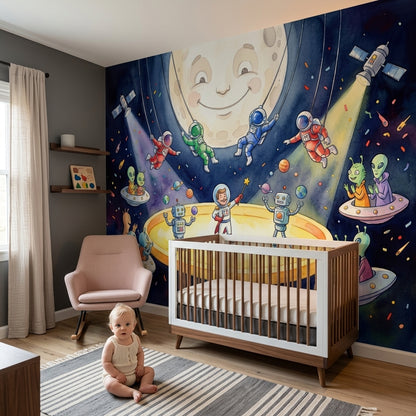 Dark Space Wallpaper Watercolor Illustration Removable Smiling Moon Wall Decor