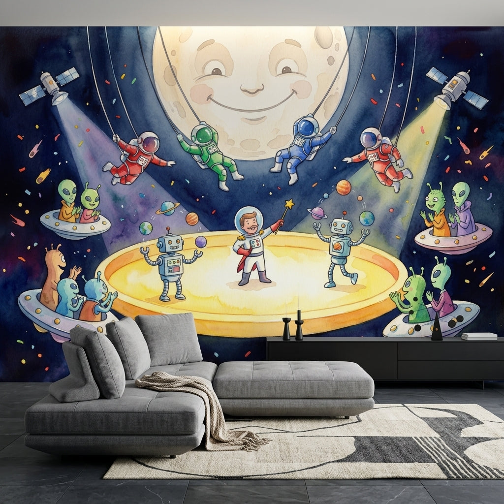 Dark Space Wallpaper Watercolor Illustration Removable Smiling Moon Wall Decor
