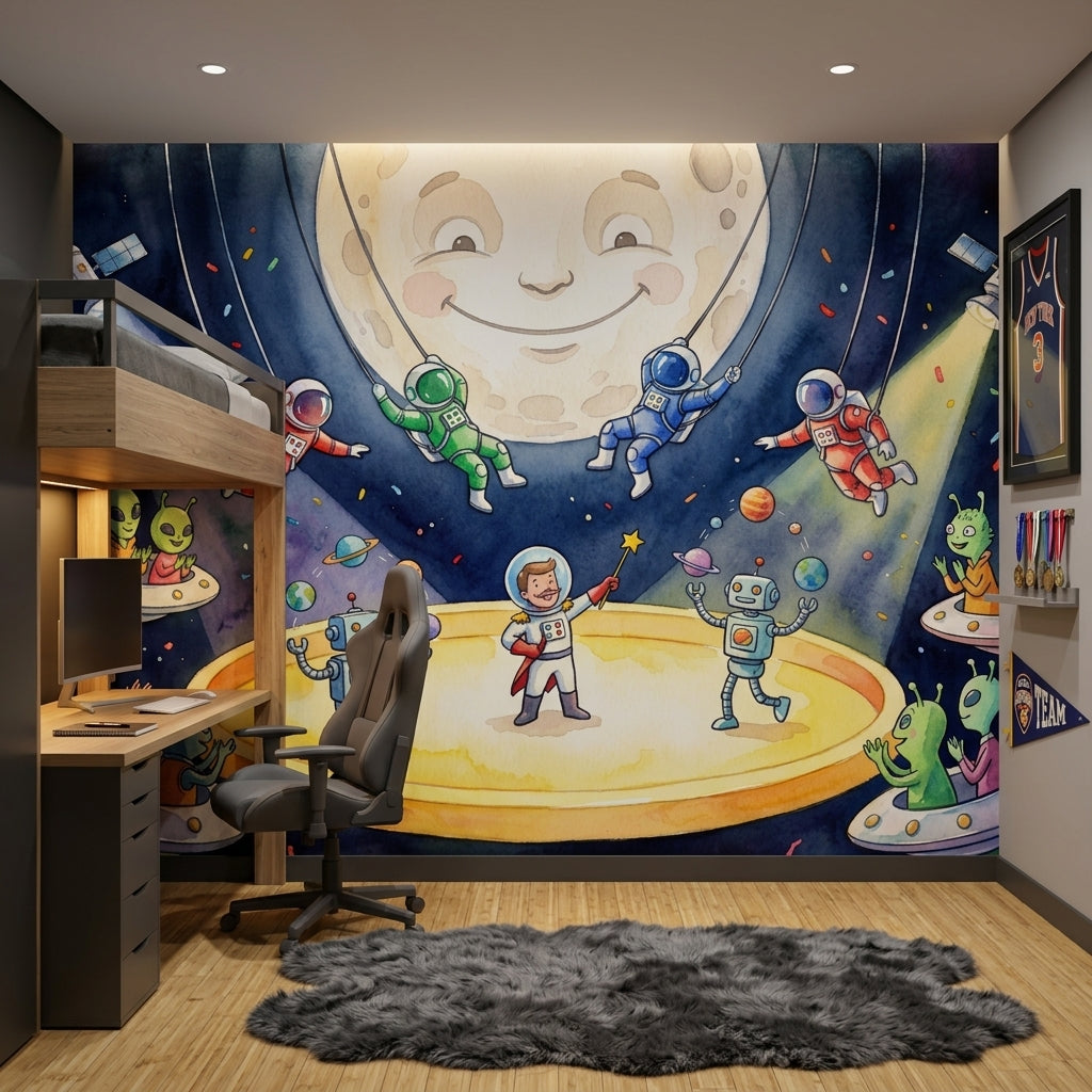 Dark Space Wallpaper Watercolor Illustration Removable Smiling Moon Wall Decor