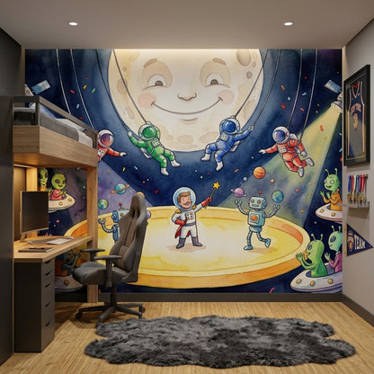 Dark Space Wallpaper Watercolor Illustration Removable Smiling Moon Wall Decor