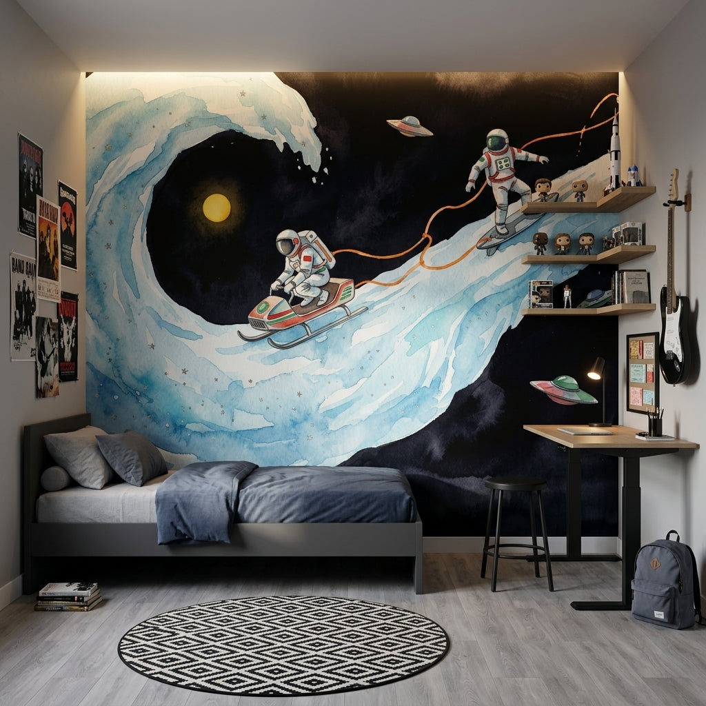 Astronauts Wallpaper Watercolor Cosmic Landscape Removable Wall Decor