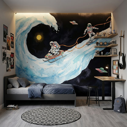 Astronauts Wallpaper Watercolor Cosmic Landscape Removable Wall Decor