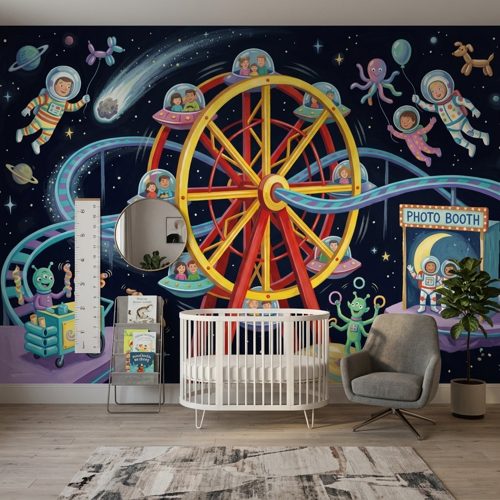 Space Carnival Wallpaper Ferris Wheel Removable Cartoon Astronauts Wall Decor