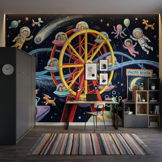 Space Carnival Wallpaper Ferris Wheel Removable Cartoon Astronauts Wall Decor