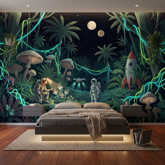 Night Jungle Wallpaper Astronauts Rocket Ship Removable Wall Decor