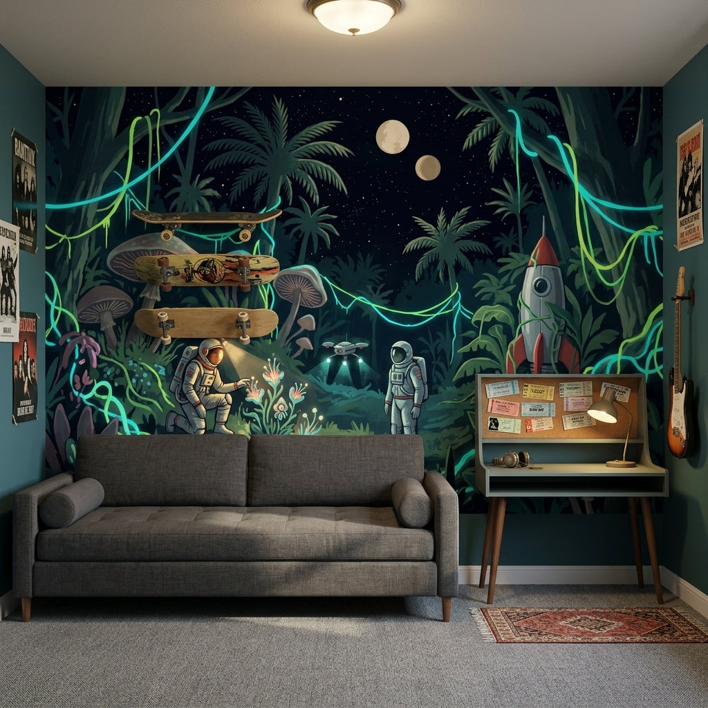 Night Jungle Wallpaper Astronauts Rocket Ship Removable Wall Decor
