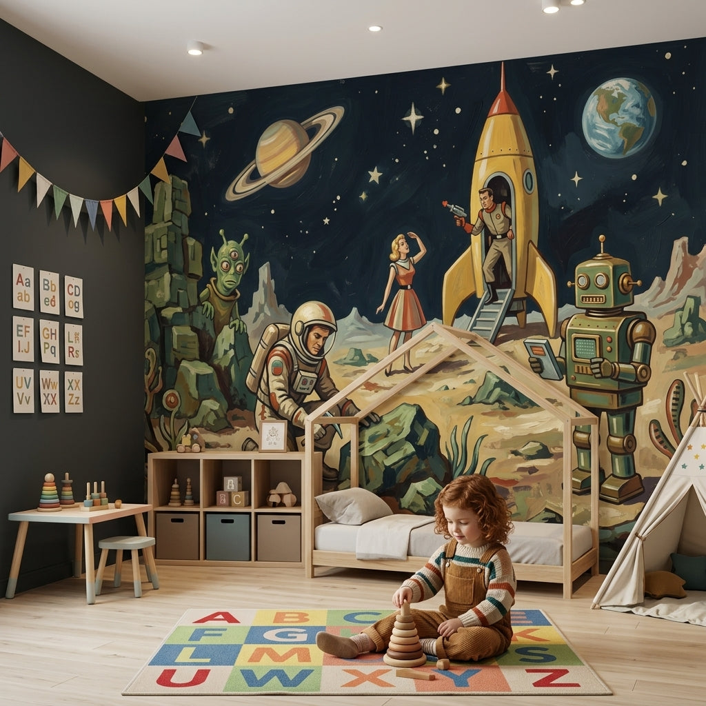 Retro Sci Fi Wallpaper Space Landscape Rocket Ship Removable Wall Decor