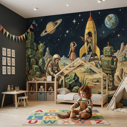 Retro Sci Fi Wallpaper Space Landscape Rocket Ship Removable Wall Decor