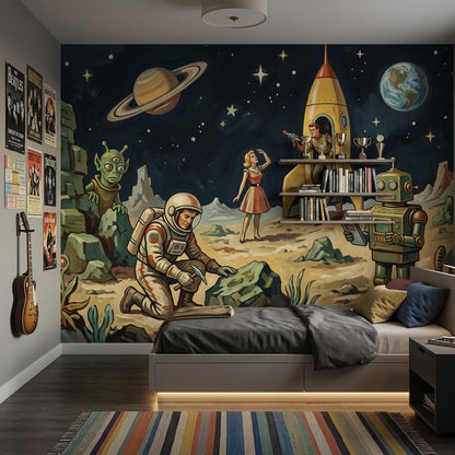 Retro Sci Fi Wallpaper Space Landscape Rocket Ship Removable Wall Decor