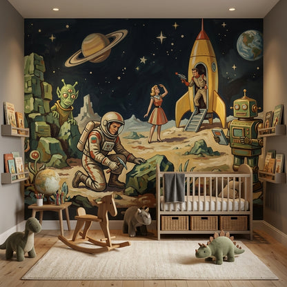 Retro Sci Fi Wallpaper Space Landscape Rocket Ship Removable Wall Decor