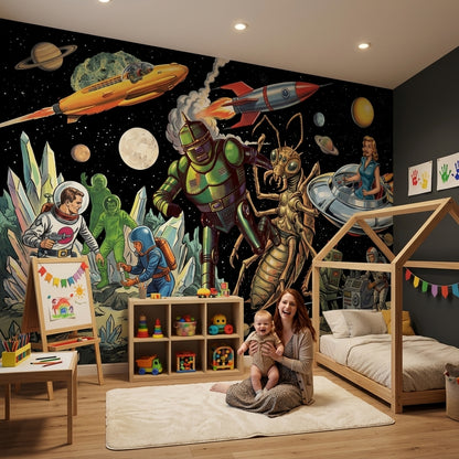 Retro Sci Fi Wallpaper Outer Space Robots Removable Wall Decor