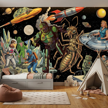 Retro Sci Fi Wallpaper Outer Space Robots Removable Wall Decor