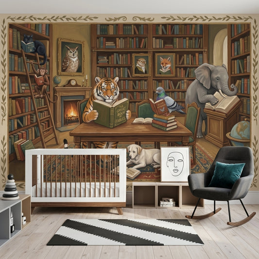 Whimsical Library Wallpaper Animals Reading Removable Vintage Storybook Wall Decor