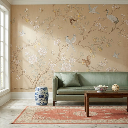 Chinoiserie Wallpaper Floral Branches Vintage Parchment Removable Wall Decor