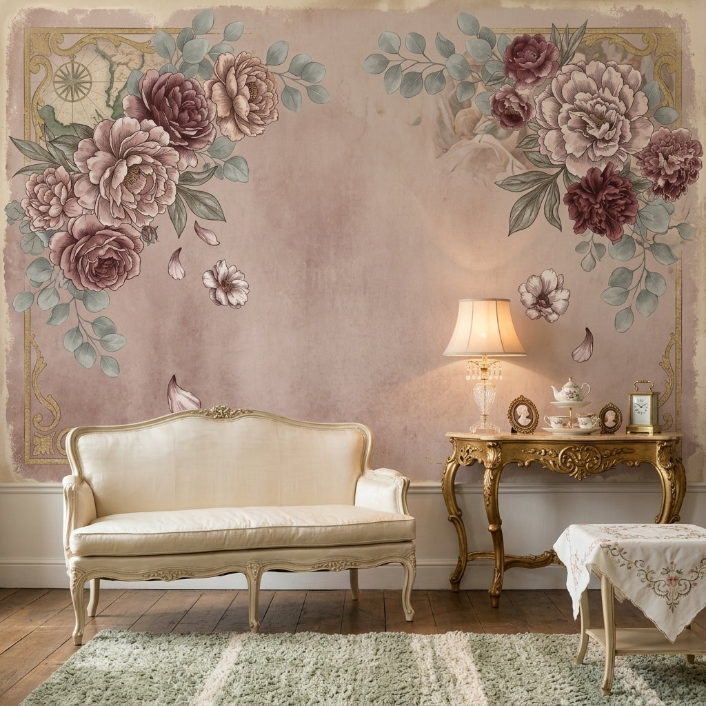 Vintage Floral Wallpaper Peony Roses Faded Map Wall Mural