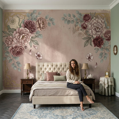 Vintage Floral Wallpaper Peony Roses Faded Map Wall Mural