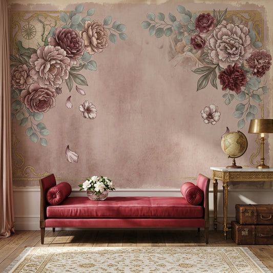 Vintage Floral Wallpaper Peony Roses Faded Map Wall Mural