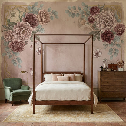 Vintage Floral Wallpaper Peony Roses Faded Map Wall Mural