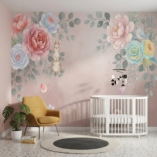 Watercolor Floral Wallpaper Pastel Pink Background Removable Whimsical Nursery Wall Decor
