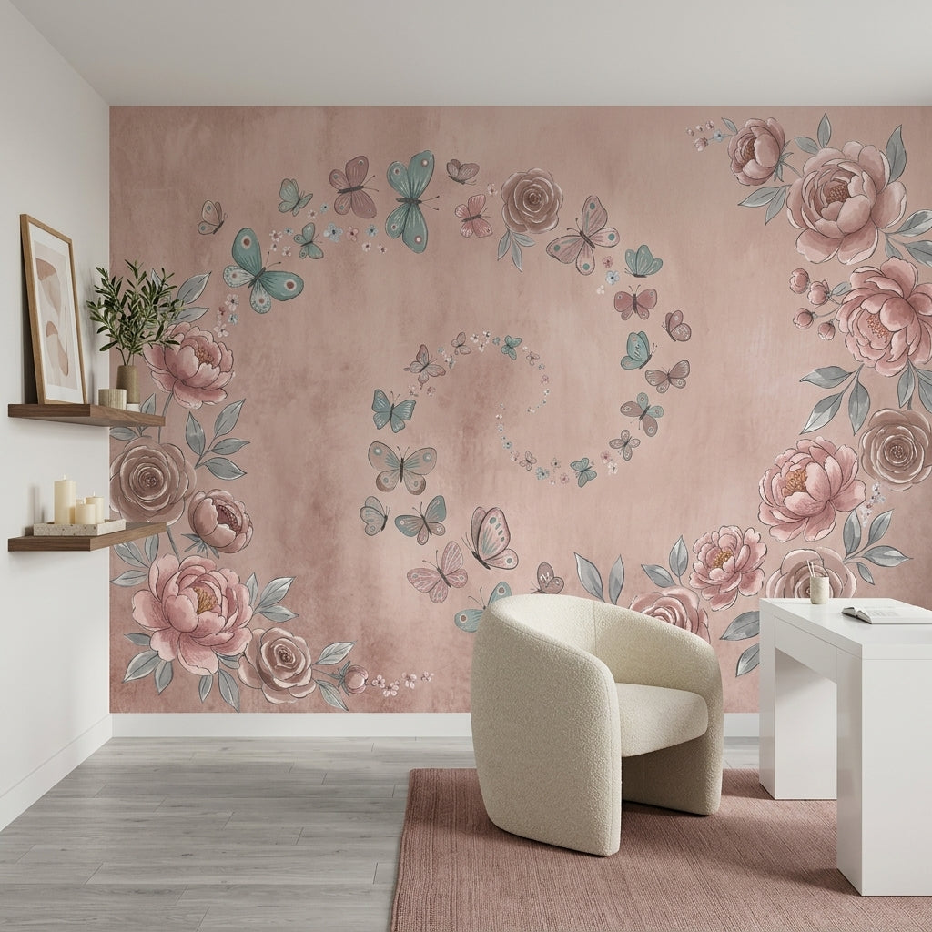 Peonies Wallpaper Butterflies Watercolor Removable Wall Decor