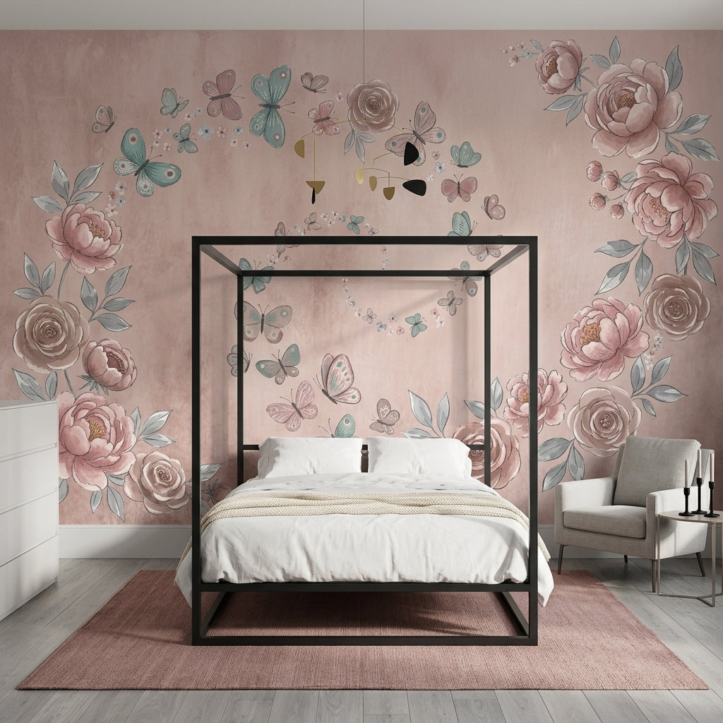 Peonies Wallpaper Butterflies Watercolor Removable Wall Decor