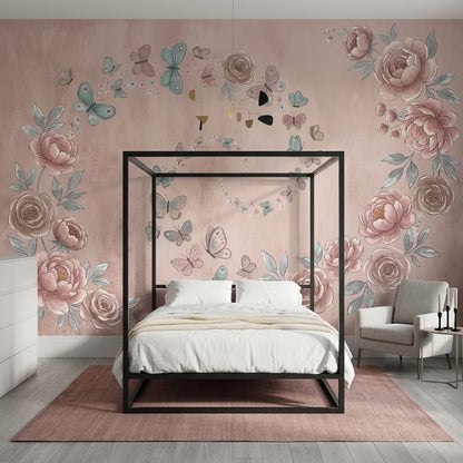 Peonies Wallpaper Butterflies Watercolor Removable Wall Decor