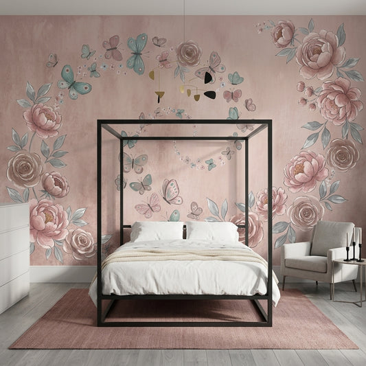 Peonies Wallpaper Butterflies Watercolor Removable Wall Decor