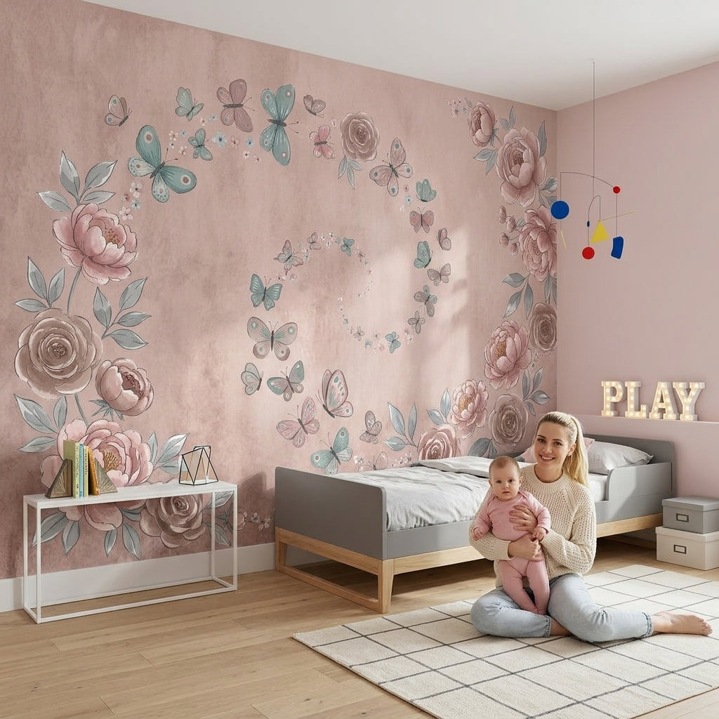Peonies Wallpaper Butterflies Watercolor Removable Wall Decor