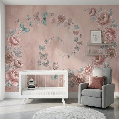Peonies Wallpaper Butterflies Watercolor Removable Wall Decor