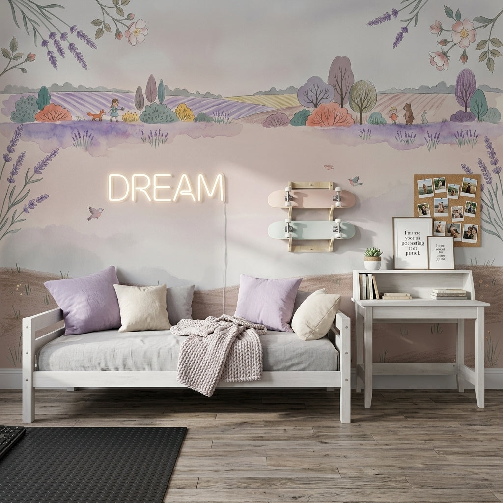 Lavender Fields Wallpaper Pastel Watercolor French Countryside Wall Mural