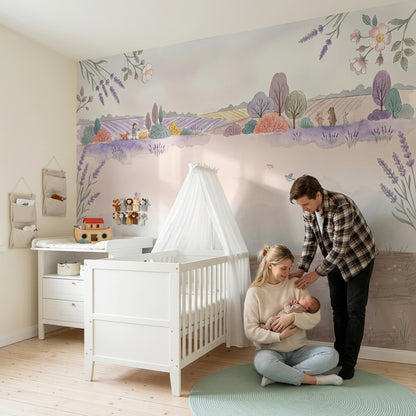 Lavender Fields Wallpaper Pastel Watercolor French Countryside Wall Mural