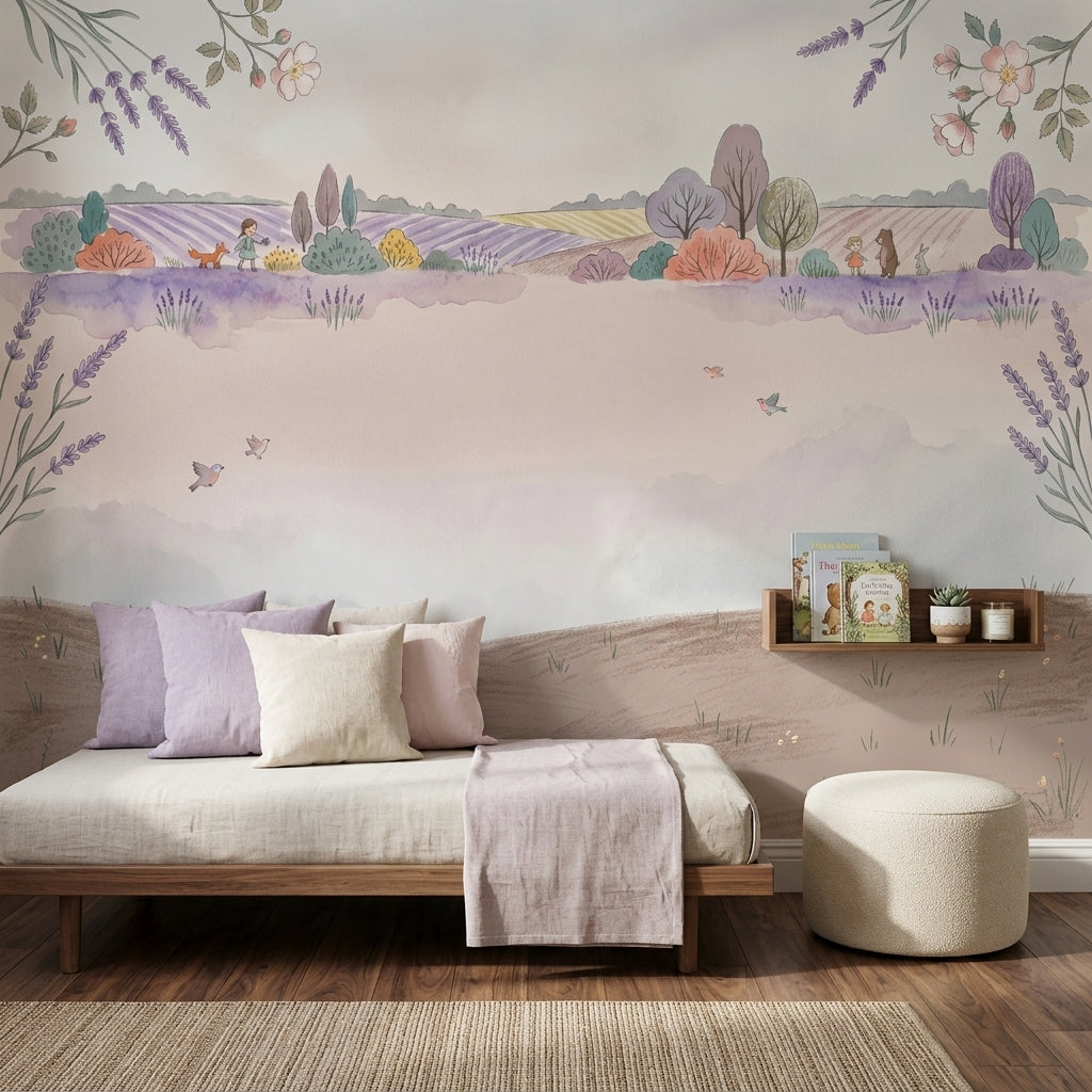 Lavender Fields Wallpaper Pastel Watercolor French Countryside Wall Mural