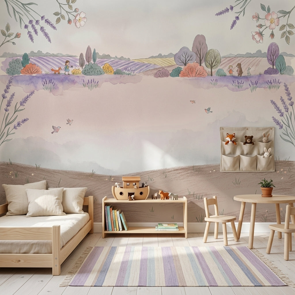 Lavender Fields Wallpaper Pastel Watercolor French Countryside Wall Mural