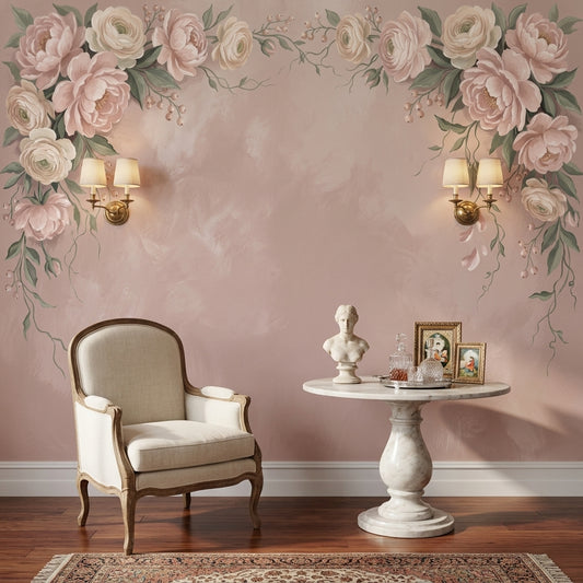 Floral Border Wallpaper Blush Pink Background Peonies Wall Mural