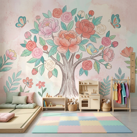 Floral Tree Wallpaper Watercolor Butterflies Removable Wall Decor