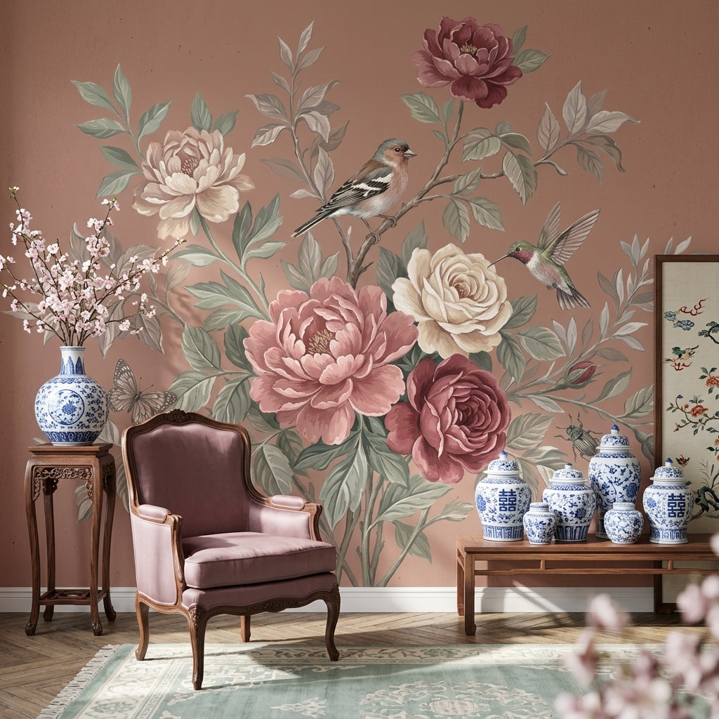 Vintage Floral Wallpaper Botanical Bouquet Peony And Rose Wall Mural