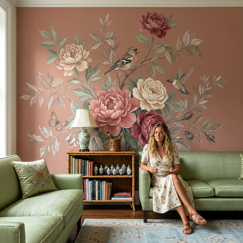 Vintage Floral Wallpaper Botanical Bouquet Peony And Rose Wall Mural