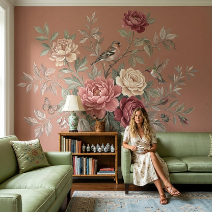 Vintage Floral Wallpaper Botanical Bouquet Peony And Rose Wall Mural