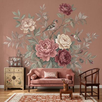 Vintage Floral Wallpaper Botanical Bouquet Peony And Rose Wall Mural