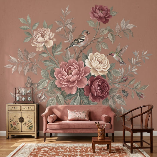 Vintage Floral Wallpaper Botanical Bouquet Peony And Rose Wall Mural