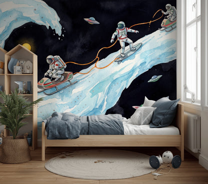 Astronauts Wallpaper Watercolor Cosmic Landscape Removable Wall Decor