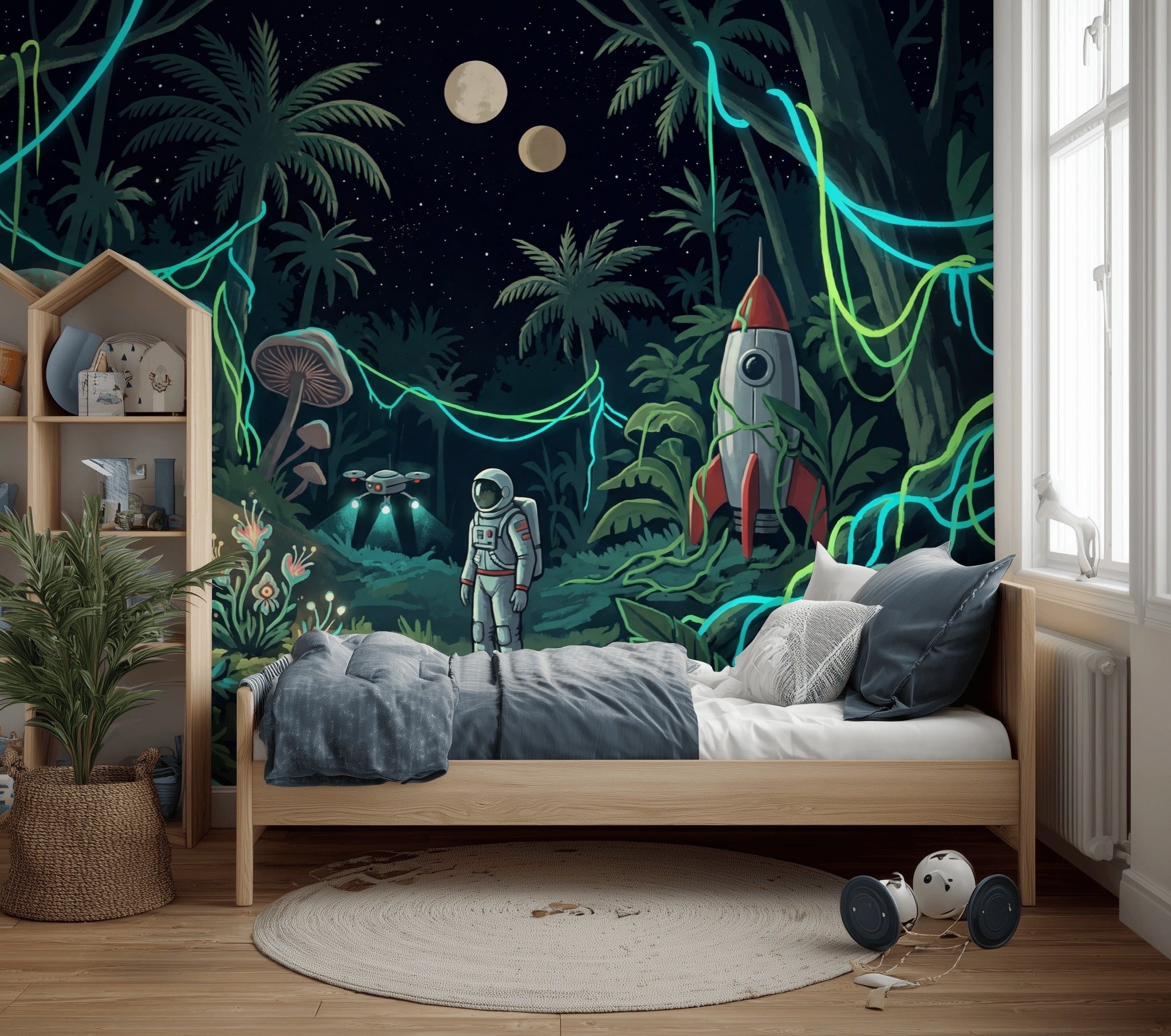 Night Jungle Wallpaper Astronauts Rocket Ship Removable Wall Decor