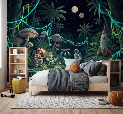 Night Jungle Wallpaper Astronauts Rocket Ship Removable Wall Decor