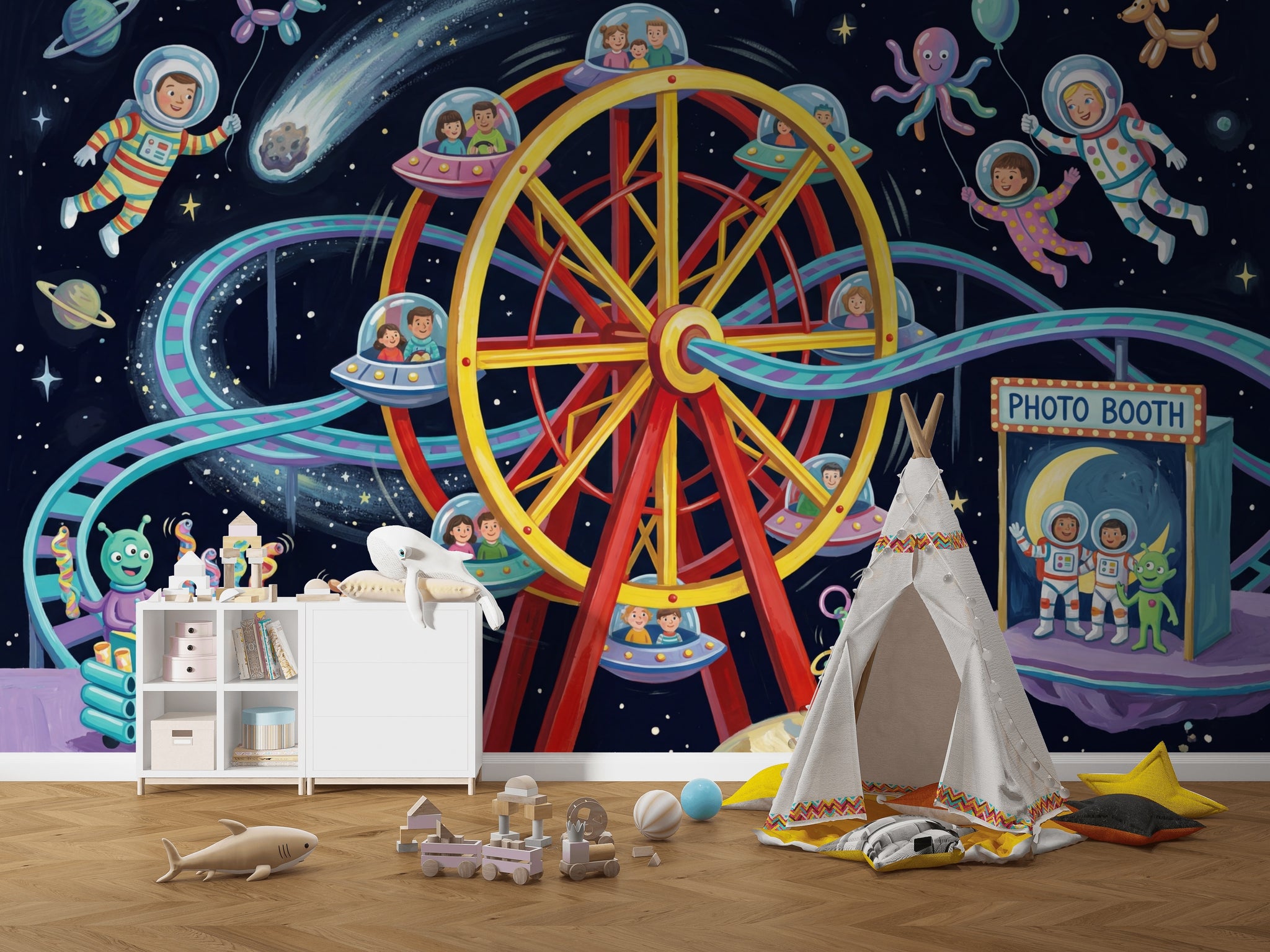 Space Carnival Wallpaper Ferris Wheel Removable Cartoon Astronauts Wall Decor