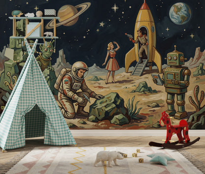 Retro Sci Fi Wallpaper Space Landscape Rocket Ship Removable Wall Decor