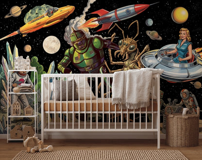 Retro Sci Fi Wallpaper Outer Space Robots Removable Wall Decor