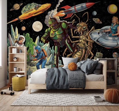 Retro Sci Fi Wallpaper Outer Space Robots Removable Wall Decor