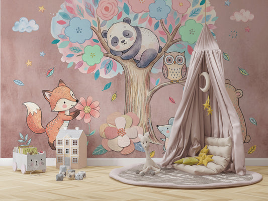Woodland Animals Wallpaper Nursery Pastel Removable Wall Decor