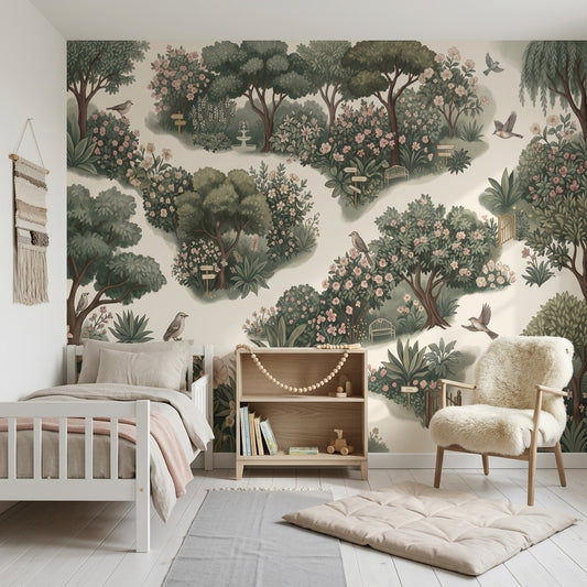 Garden Landscape Wallpaper Floral Bushes Removable Birds Wall Decor
